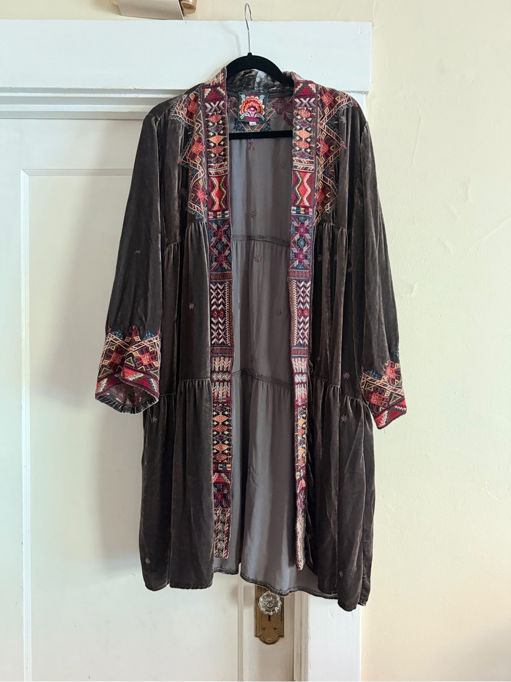 Johnny Was Gray/Green Velvet Embroidered Duster with Multicolor Trim